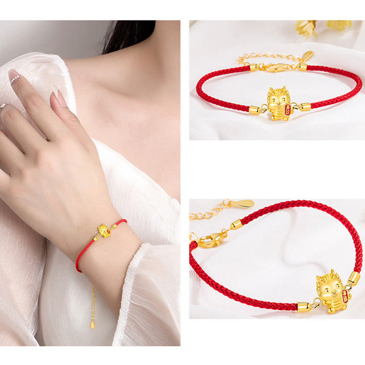 Buddha Stones925スターリングシルバー 龍年 幸運の金龍 強さ レッドロープチェーンブレスレット