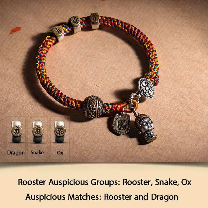 Buddha Stonesハンドメイド チベット 925 スターリングシルバー十二支誕生仏ザキラム 富の守護女神 マルチカラー ロープ編みブレスレット