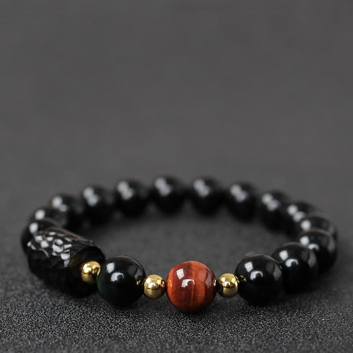 黒曜石、黒檀、赤虎目石の強さを秘めたカップルブレスレット