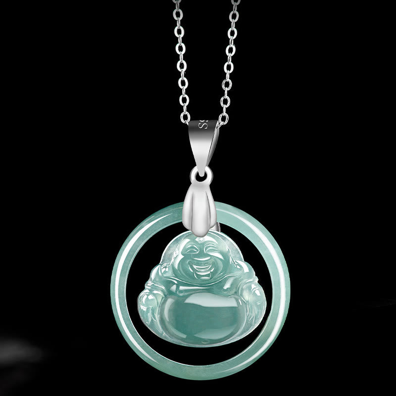 Buddha Stones925スターリングシルバー 天然翡翠 ラウンド 笑い仏 豊穣 チェーンネックレス ペンダント