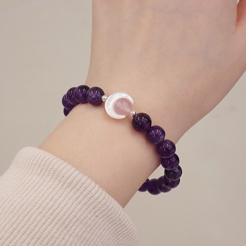 Buddha Stones 925スターリングシルバー 天然アメジスト アクアマリン ピンククリスタル キャッツアイ ヒーリング クレセントムーンブレスレット
