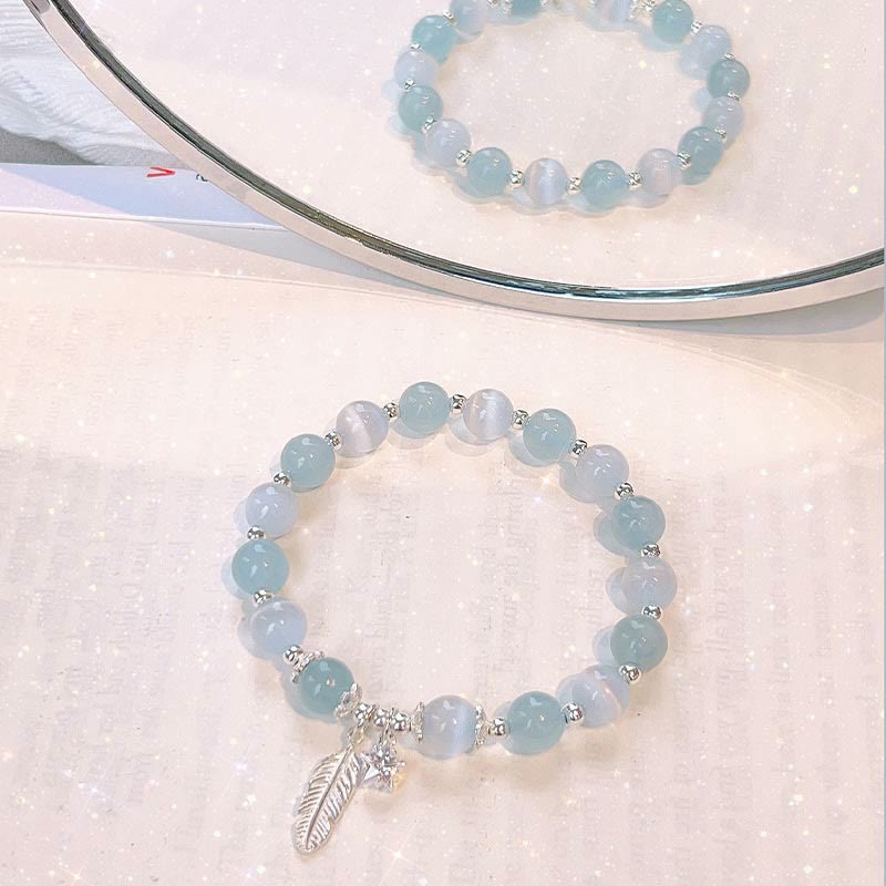 Buddha Stones 925スターリングシルバー アクアマリン キャッツアイ ヒーリングフェザースターチャームブレスレット