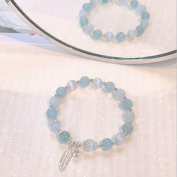 Buddha Stones 925スターリングシルバー アクアマリン キャッツアイ ヒーリングフェザースターチャームブレスレット