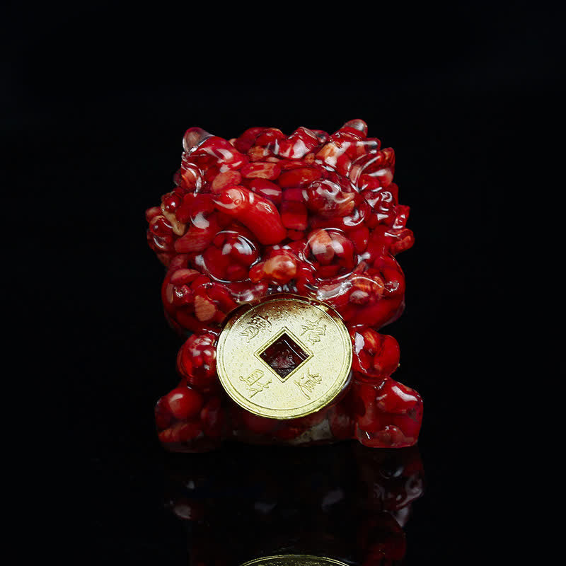 Buddha Stones手作り かわいい 貔貅 金貨 クリスタル 風水 エネルギー 富幸運繁栄家の装飾 - レッドコーラル - image 15
