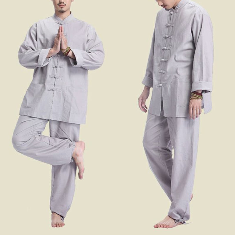 Buddha Stones中国風 カエル ボタンデザイン 瞑想 祈り コットン リネン スピリチュアル 禅 練習 ヨガ ウェア メンズ セット - image 1