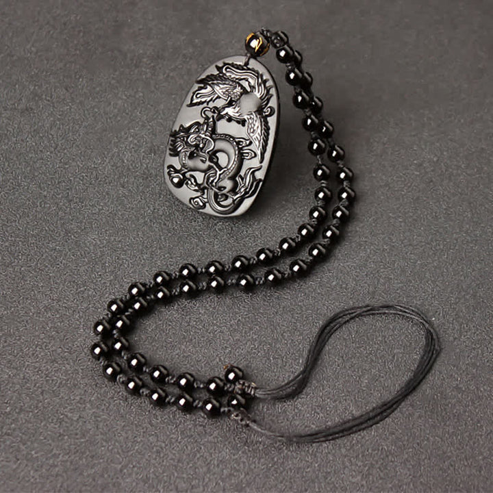 Buddha Stonesブラックオブシディアン タイガーアイ ドラゴン フェニックス 守護ビーズネックレスペンダント - 黒曜石の伸縮式ビーズ紐 - image 9