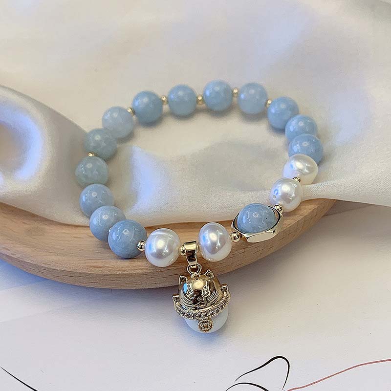 Buddha Stonesアクアマリンパール平和ヒーリングラッキーキャットチャームブレスレット - image 5
