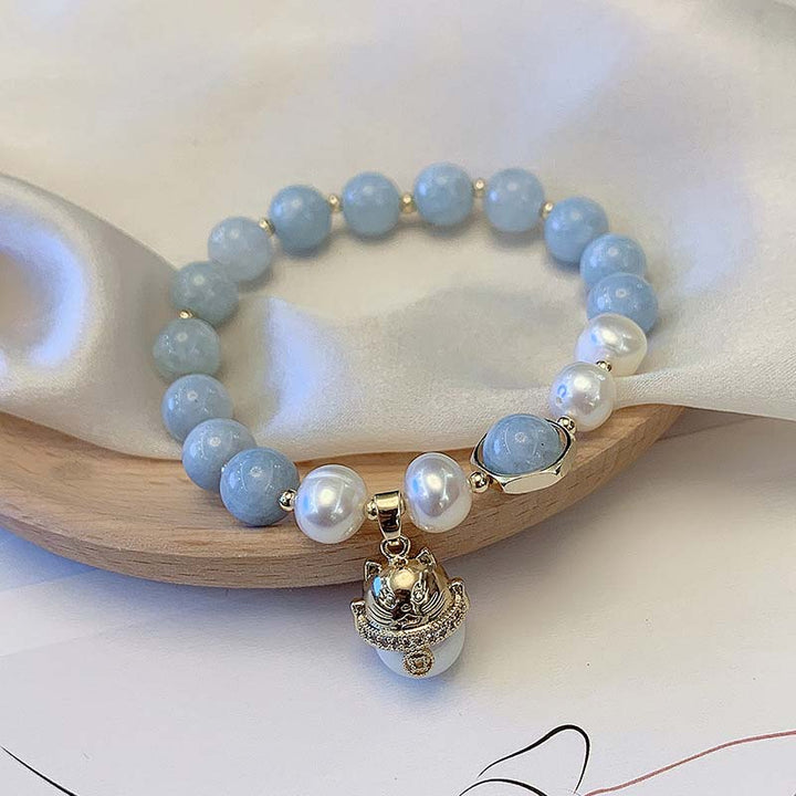 Buddha Stonesアクアマリンパール平和ヒーリングラッキーキャットチャームブレスレット - image 5