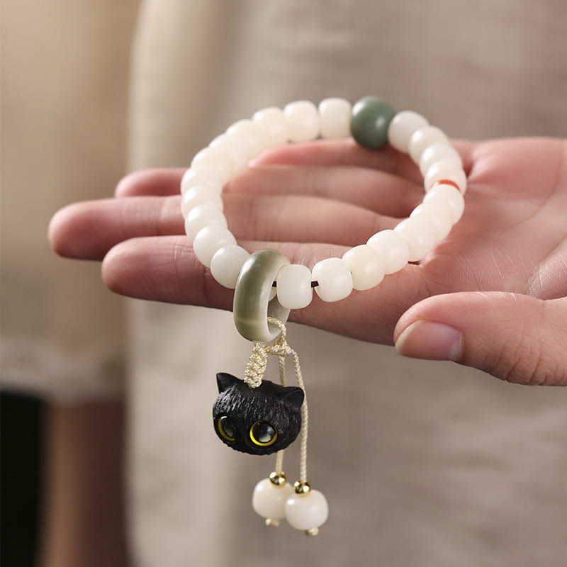 Buddha Stones天然菩提樹 アフリカンブラックウッド 愛らしい猫のチャーム 平和と調和のブレスレット - image 4