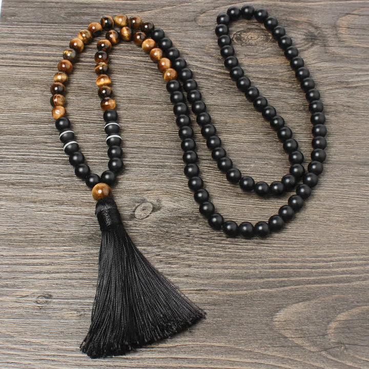 Buddha Stonesブラックオニキス タイガーアイ フォーチュンブレスレット タッセルネックレス ペンダント