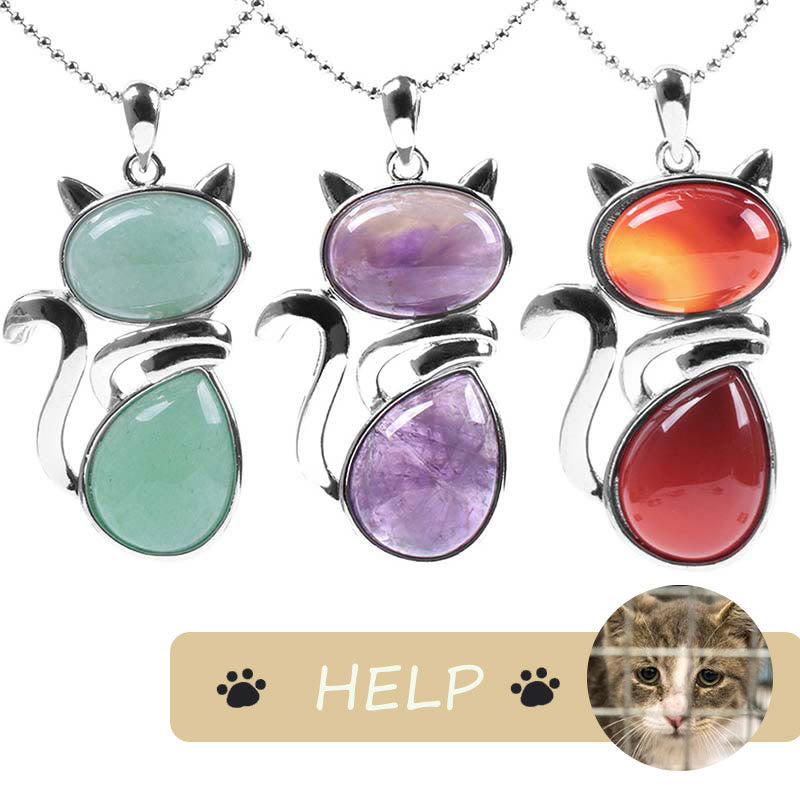 「Save A Cat」可愛い猫柄天然クリスタル守護猫愛ペンダントネックレス - image 2