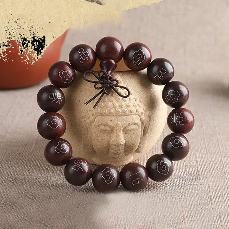 Buddha Stones925 スターリングシルバー 象嵌小葉 赤白檀Om Mani Padme Humキャラクター 縁起の良い雲 保護ブレスレット