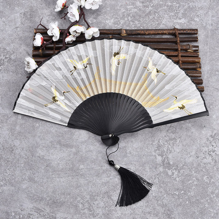 Buddha Stonesヴィンテージ雲鶴柄手持ち竹扇子