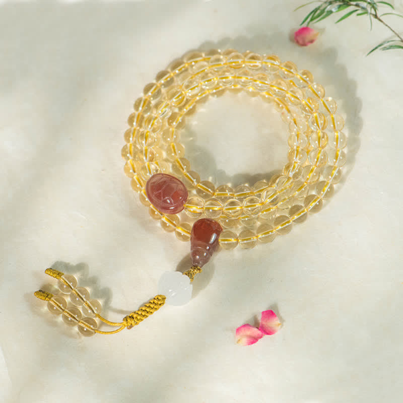Buddha Stones 108Malaビーズ 925 スターリングシルバー 天然シトリン 赤瑪瑙 白翡翠 繁栄のチャームブレスレット