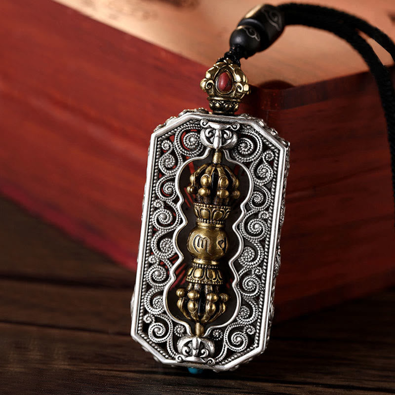 Buddha Stonesチベットオーム・マニ・パドメ・フム彫刻 ドルジェ ヴァジュラ 回転式 蓮の模様 清浄ロープネックレス ペンダント - ドルジェ・ヴァジュラ＆オム・マニ・パドメ・フム - image 0