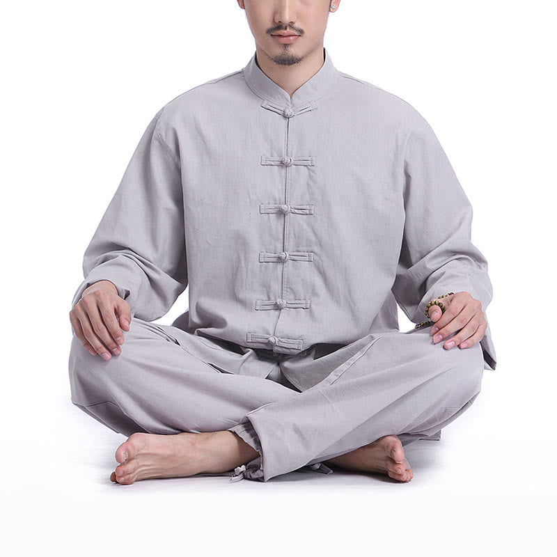 Buddha Stones中国風 カエル ボタンデザイン 瞑想 祈り コットン リネン スピリチュアル 禅 練習 ヨガ ウェア メンズ セット - グレー（長袖） - US/UK/AU44、 EU54 (3XL) - image 0