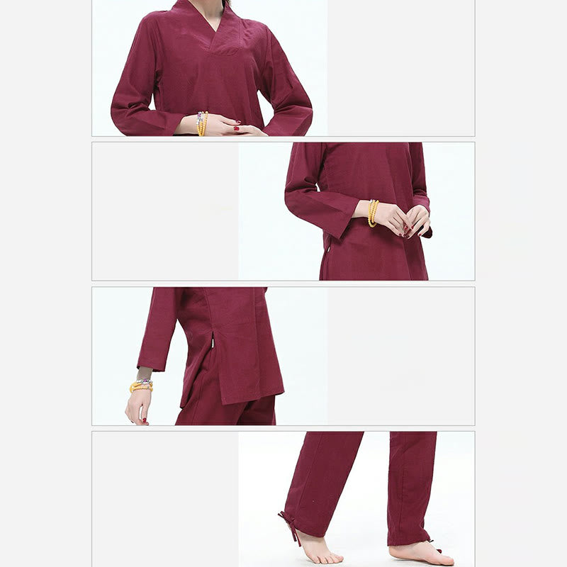 Buddha Stones禅 練習 ヨガ 瞑想 祈り Vネックデザイン ユニフォーム コットンリネン 服 レディース セット - image 4