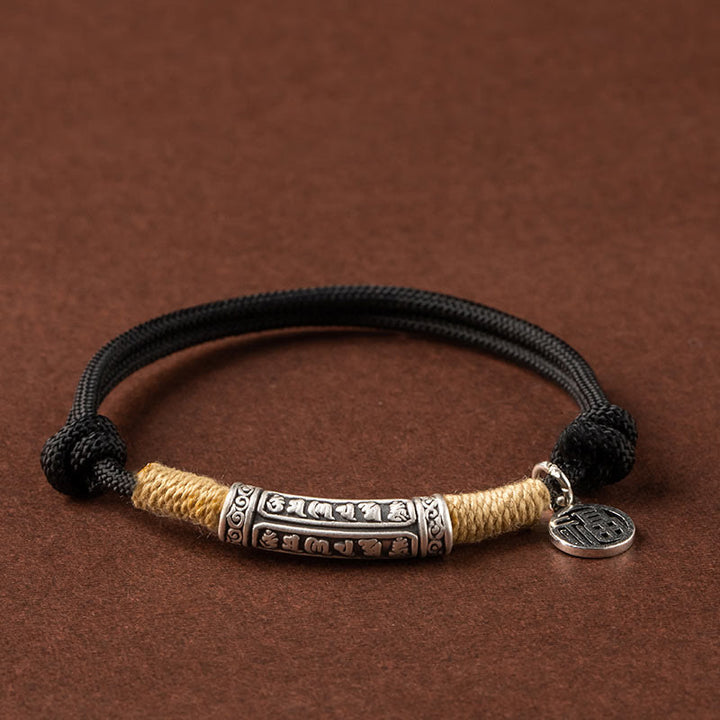 Buddha Stones999 スターリングシルバー チベット ハンドメイドオーム・マニ・パドメ・フムフーキャラクター トップランクキャラクター 幸運編みブレスレット - シルバーオーム・マニ・パドメ・フム - ブラックロープ（手首周り15～19cm） - image 3