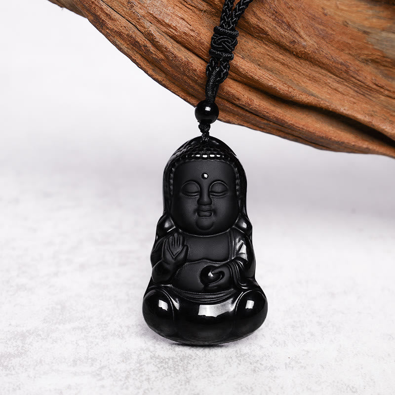Buddha Stones天然黒曜石 水晶 仏陀の強さ 守護 お守り 幸運のお守り ペンダントネックレス - image 4