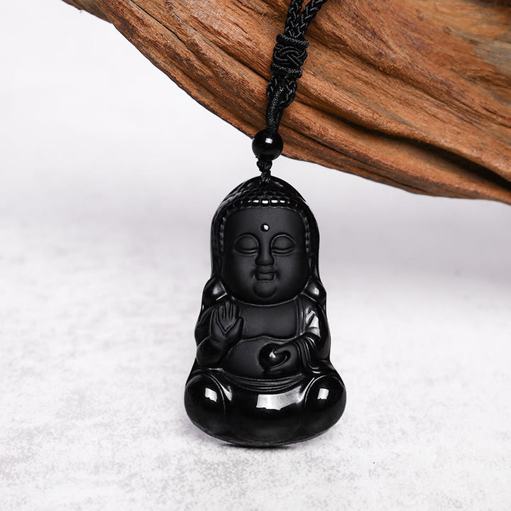 Buddha Stones天然黒曜石 水晶 仏陀の強さ 守護 お守り 幸運のお守り ペンダントネックレス - image 4