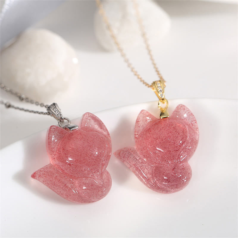 Buddha Stones 925スターリングシルバーメッキ 14Kゴールド ストロベリークォーツ フォックスヒーリングネックレスペンダント - image 1
