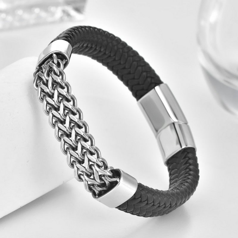 Buddha Stones 黒革編み込み模様の強度チェーンバックルブレスレット - image 1