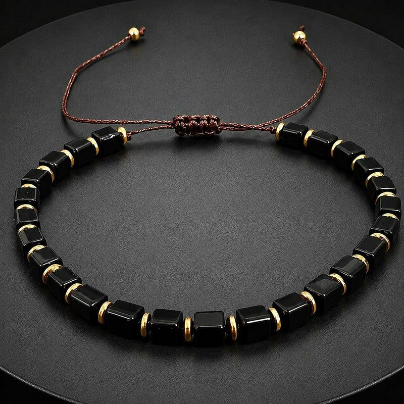 Buddha Stones 黒曜石の保護スクエアビーズ編み込み調節可能ブレスレット - image 1