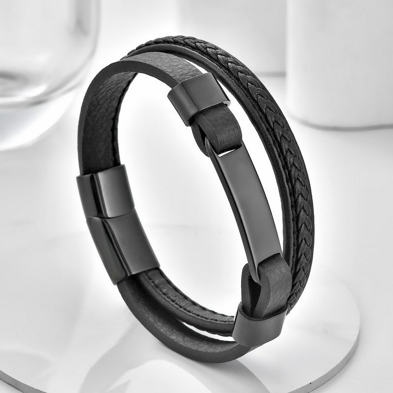 Buddha Stones 編み込みデザインのレザー二重ブレスレット - 黒 - image 0