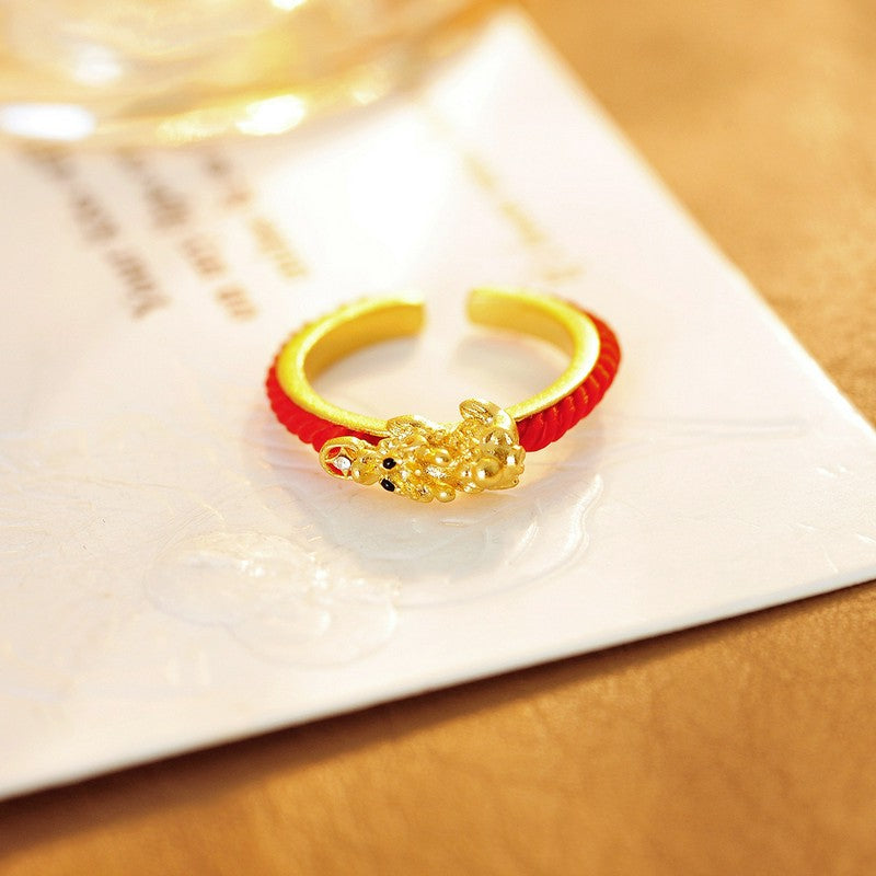 Buddha Stones 銅製貔貅（ひきゅう）中国貨幣富の編み込みオープンリング - image 3