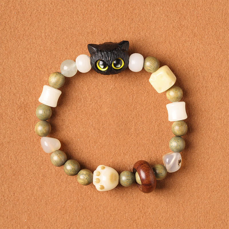 Buddha Stones菩提樹 緑白檀黒檀小葉紫檀猫の頭 足爪 平和ブレスレット - 黒檀のかわいい猫（黄色い目）（手首周り14～16cm） - image 16