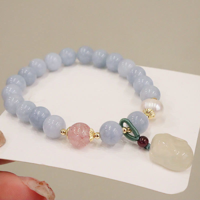 Buddha Stones天然アクアマリン カルセドニー セレニティ ウサギ ひょうたん 猫 チャームブレスレット - image 4
