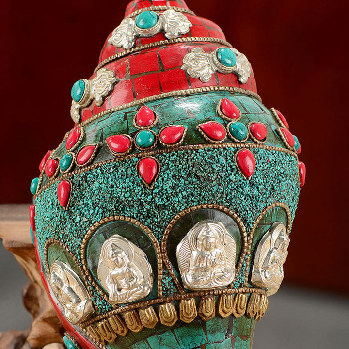 チベット手作り Shankha オーム・マニ・パドメ・フム Buddha Avalokitesvara ターコイズ コンクシェル ポジティブ装飾 - image 6