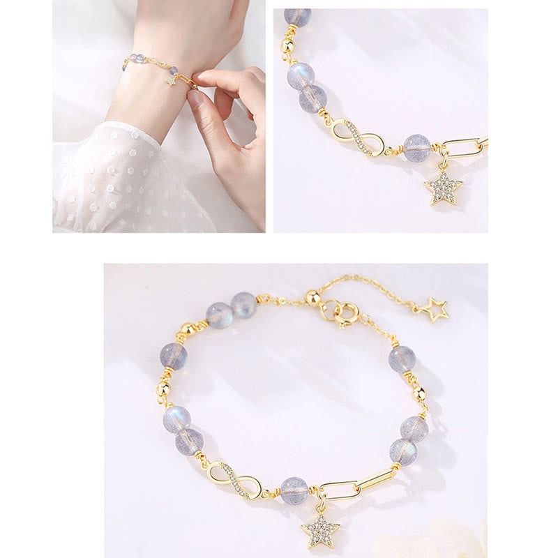 Buddha Stones 14Kゴールドメッキ 天然ストロベリークォーツ ムーンストーン メビウスループ 永遠の愛 星 ポジティブブレスレット