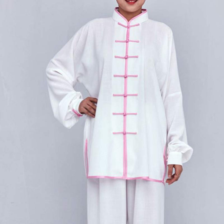 Buddha Stones瞑想禅祈りスピリチュアル太極拳気功練習ユニセックス刺繍服セット - ホワイト＋ピンクの縁取りの長袖 - US12、 UK/AU16、 EU44 (2XL) - image 14