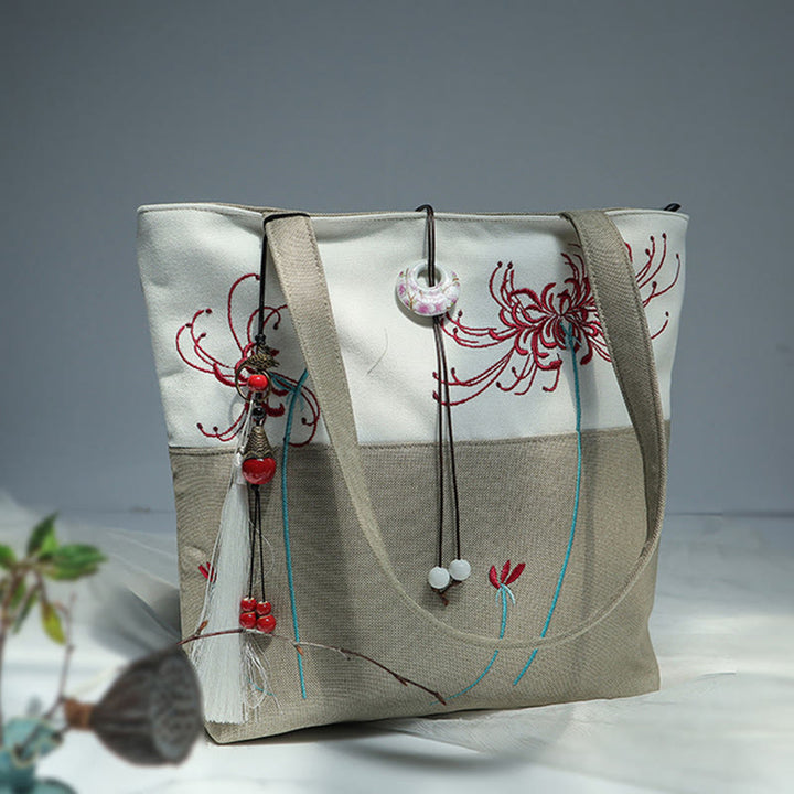 梨花 梅 桃の花 竹刺繍 キャンバス 大容量 ショルダーバッグ トートバッグ - image 48