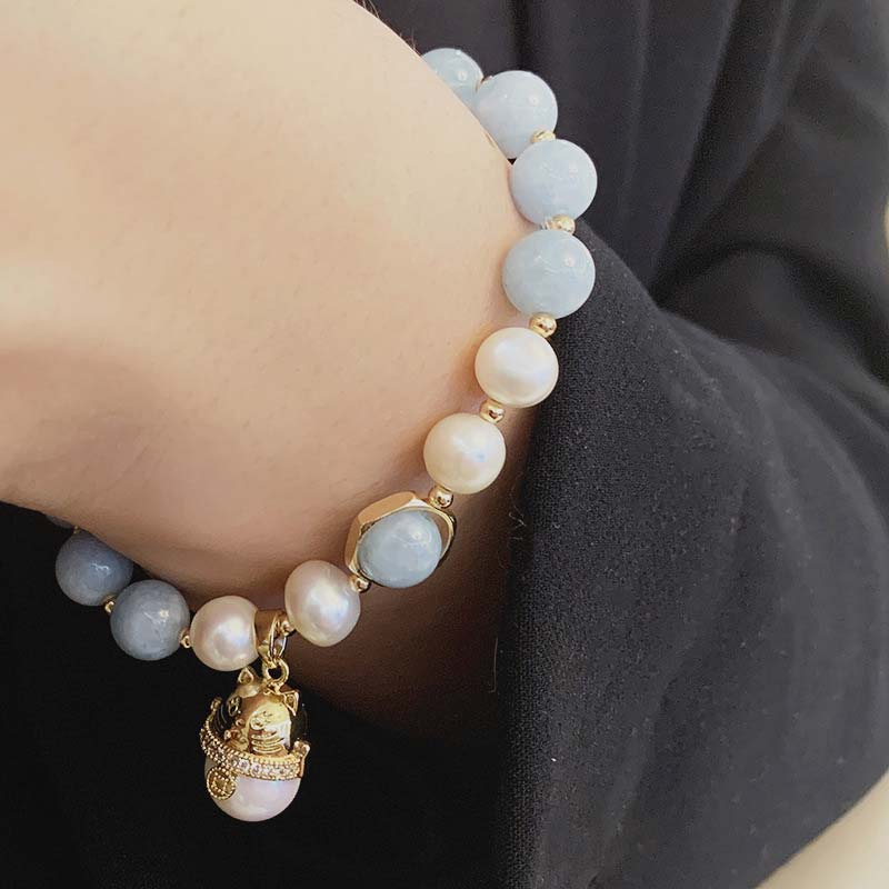Buddha Stonesアクアマリンパール平和ヒーリングラッキーキャットチャームブレスレット - image 4