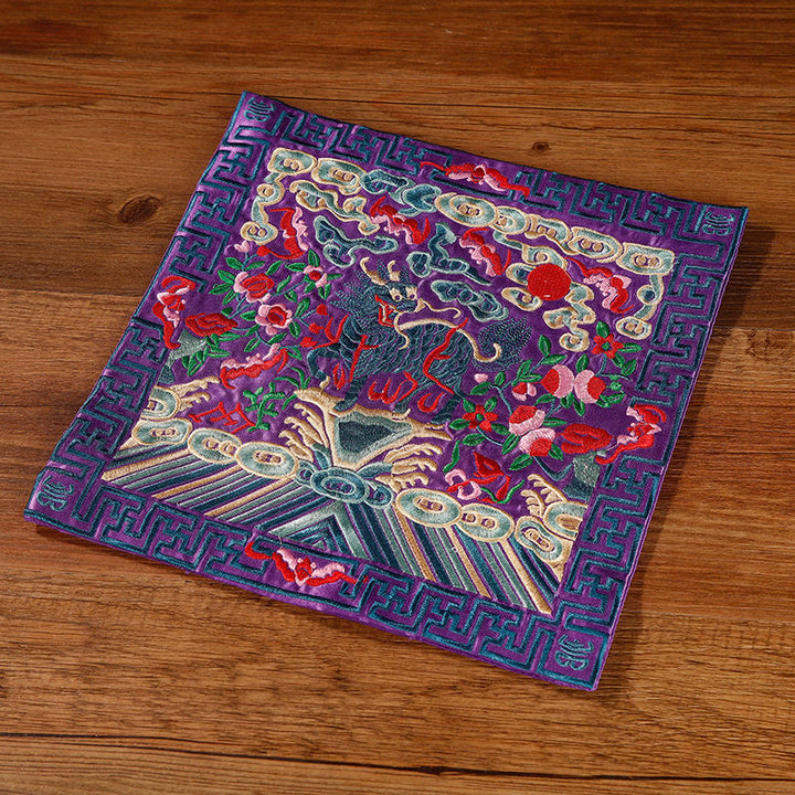 Buddha Stones鳳凰 龍 麒麟 刺繍 カップマットパッド ティーカップコースター スクエア カンフーティーマット