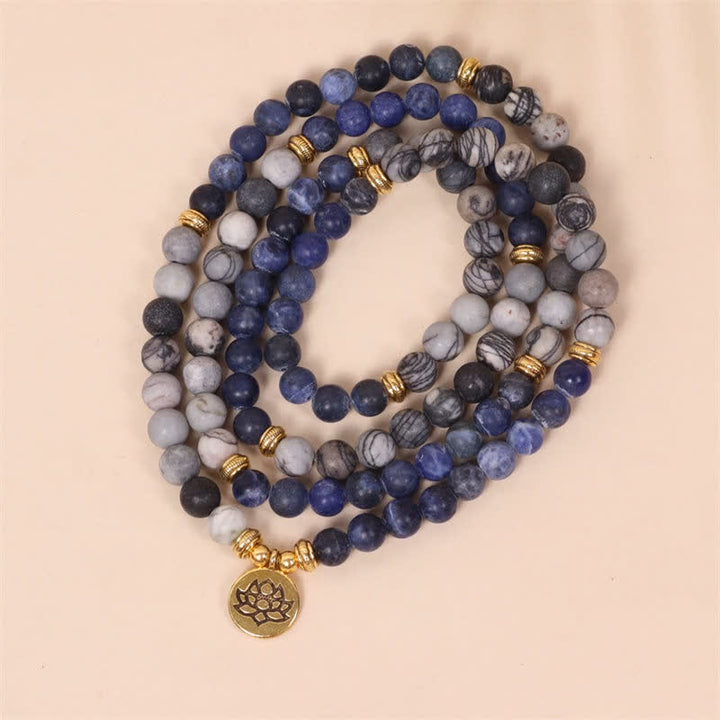 Buddha Stones 108Malaビーズ ソーダライト ゼブラジャスパー クリスタル ロータス 強さ ブレスレット