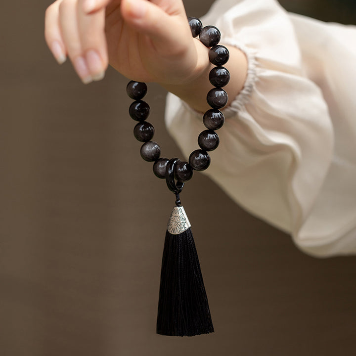 Buddha Stones天然銀光沢黒曜石 黒曜石 ライオン手首Mala保護タッセル ポケットMala車の装飾