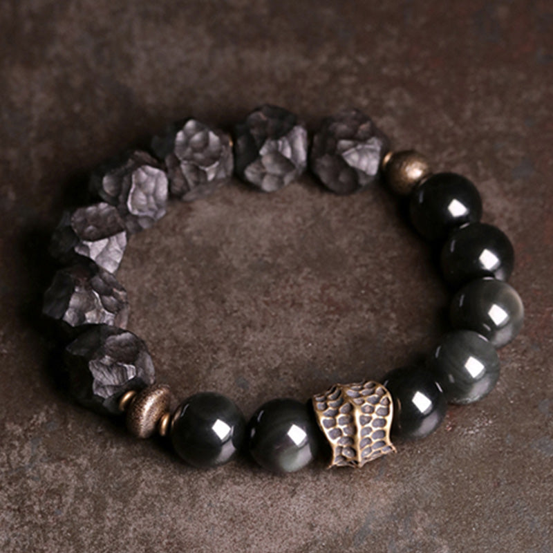 Buddha Stones黒曜石 黒檀 木 銅 強さ カップル ブレスレット