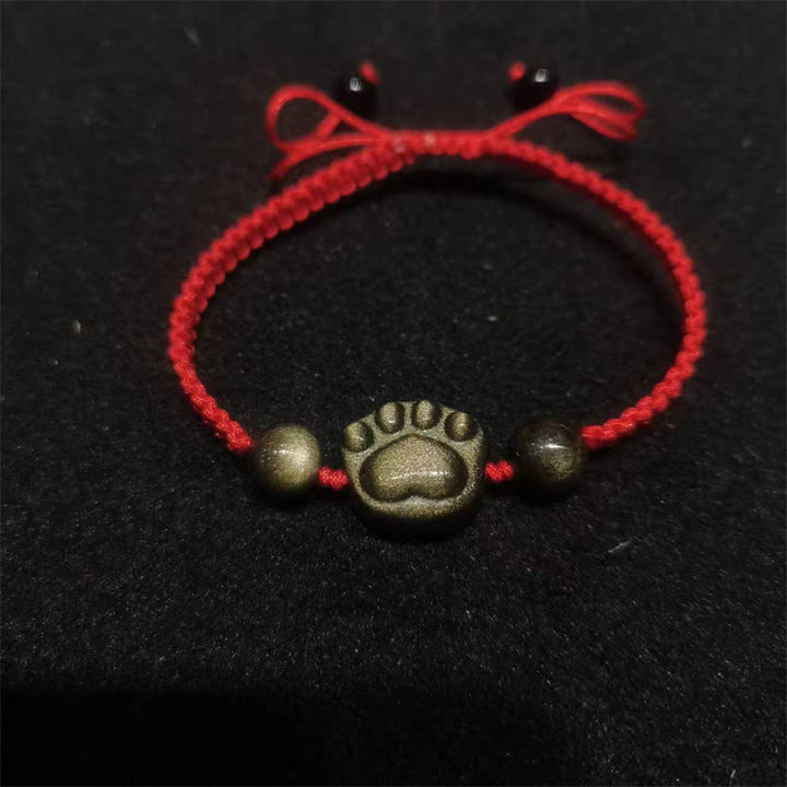 Buddha Stones天然銀光沢黒曜石 金光沢黒曜石 かわいい猫の足爪保護ロープブレスレット - ゴールドシーンオブシディアン - 赤いロープ（手首周り14～19cm） - image 10