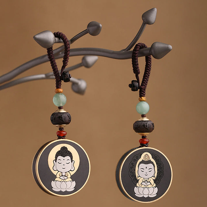 Buddha Stones黒檀木材ローズウッド仏観音菩薩Om Mani Padme Humバランス車のキーチェーン装飾