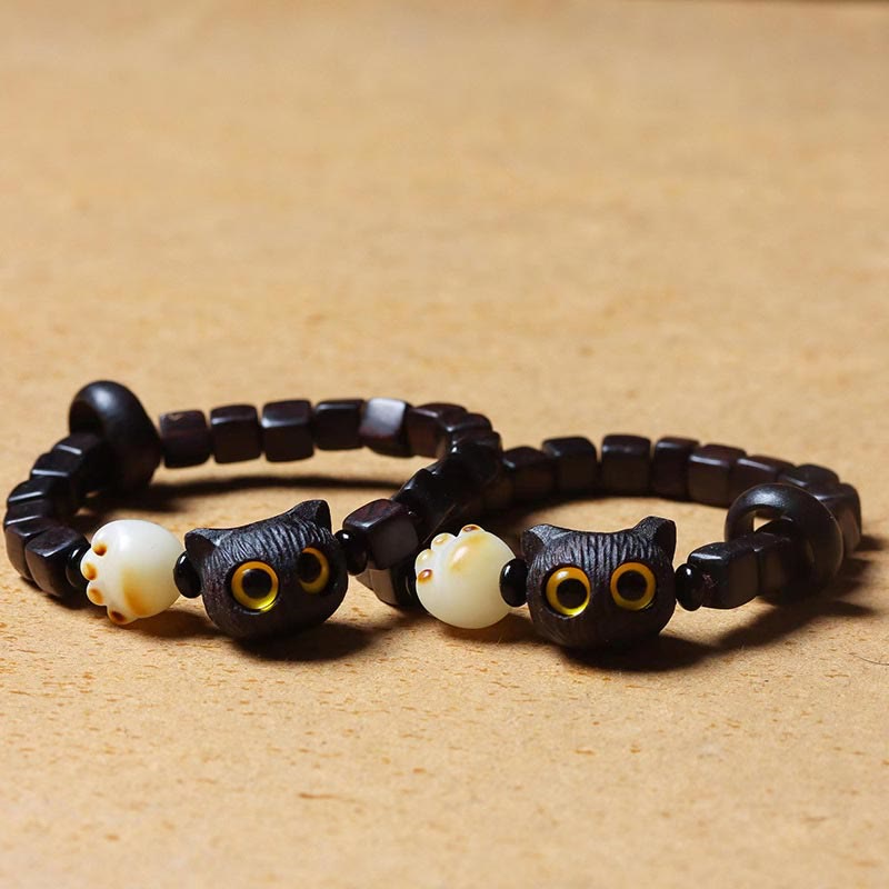 Buddha Stones黒檀かわいい猫 菩提樹 足爪 スクエアビーズ 落ち着いたブレスレット - image 4