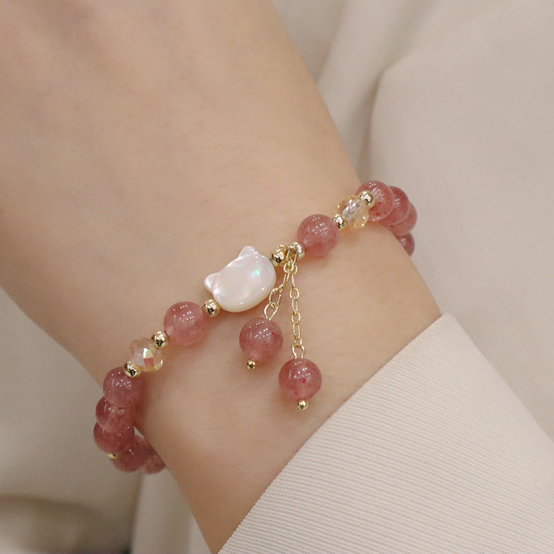Buddha Stones天然ストロベリークォーツ モルガナイト シャコガイ 猫の愛のブレスレット - ストロベリークォーツ シャコガイ ストーンキャット（手首周り12～14cm） - image 1