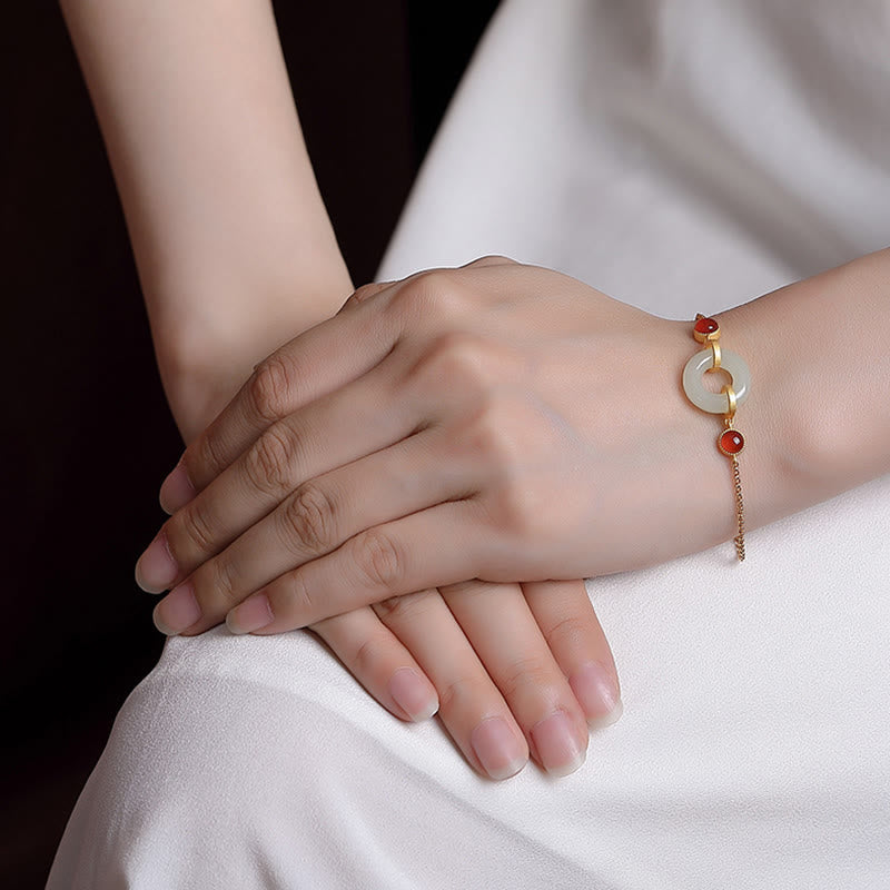 Buddha Stones 925スターリングシルバー ゴールドメッキ 天然和田翡翠平和のお守りチャーム赤瑪瑙幸運ブレスレット - image 4