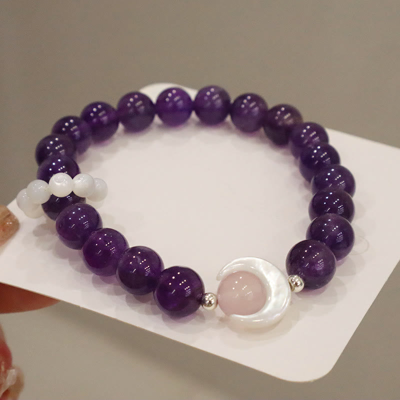 Buddha Stones 925スターリングシルバー 天然アメジスト アクアマリン ピンククリスタル キャッツアイ ヒーリング クレセントムーンブレスレット