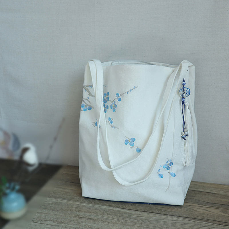 Buddha Stones鶴 梅 刺繍 キャンバス 大容量 ショルダーバッグ トートバッグ