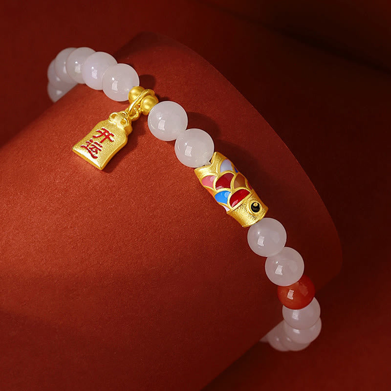 Buddha Stones925 スターリングシルバー 和田白翡翠 赤瑪瑙 鯉 幸運 幸福 ブレスレット - image 1