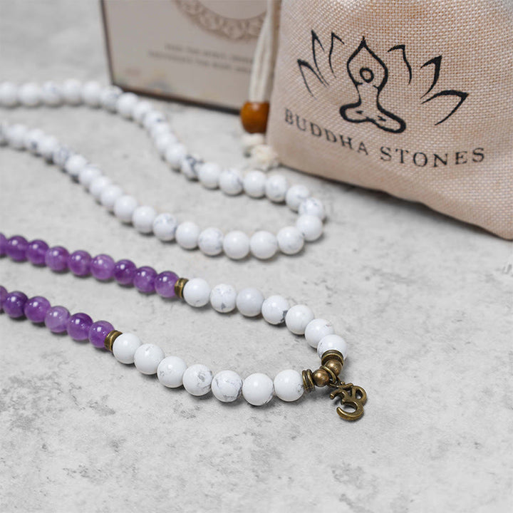 Buddha Stones 108Malaビーズ アメジスト ホワイトターコイズ OM ヒーリング 瞑想 エネルギーブレスレット