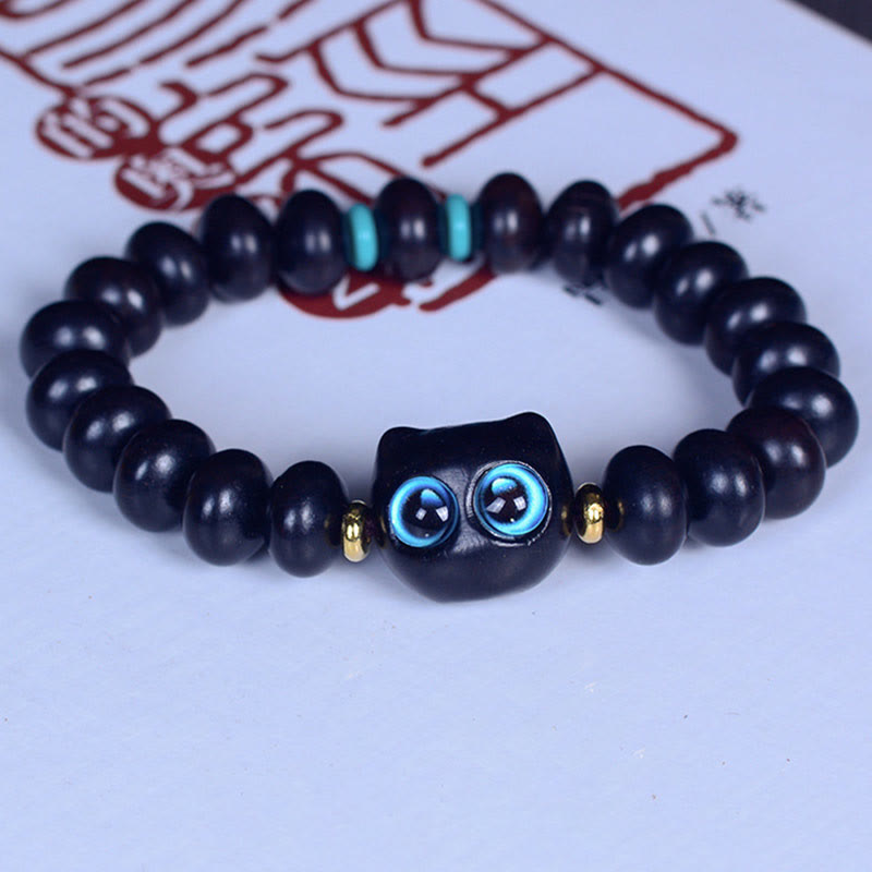 Buddha Stones、黒檀、琉璃ガラス、愛らしい猫の平和バランスブレスレット - image 2